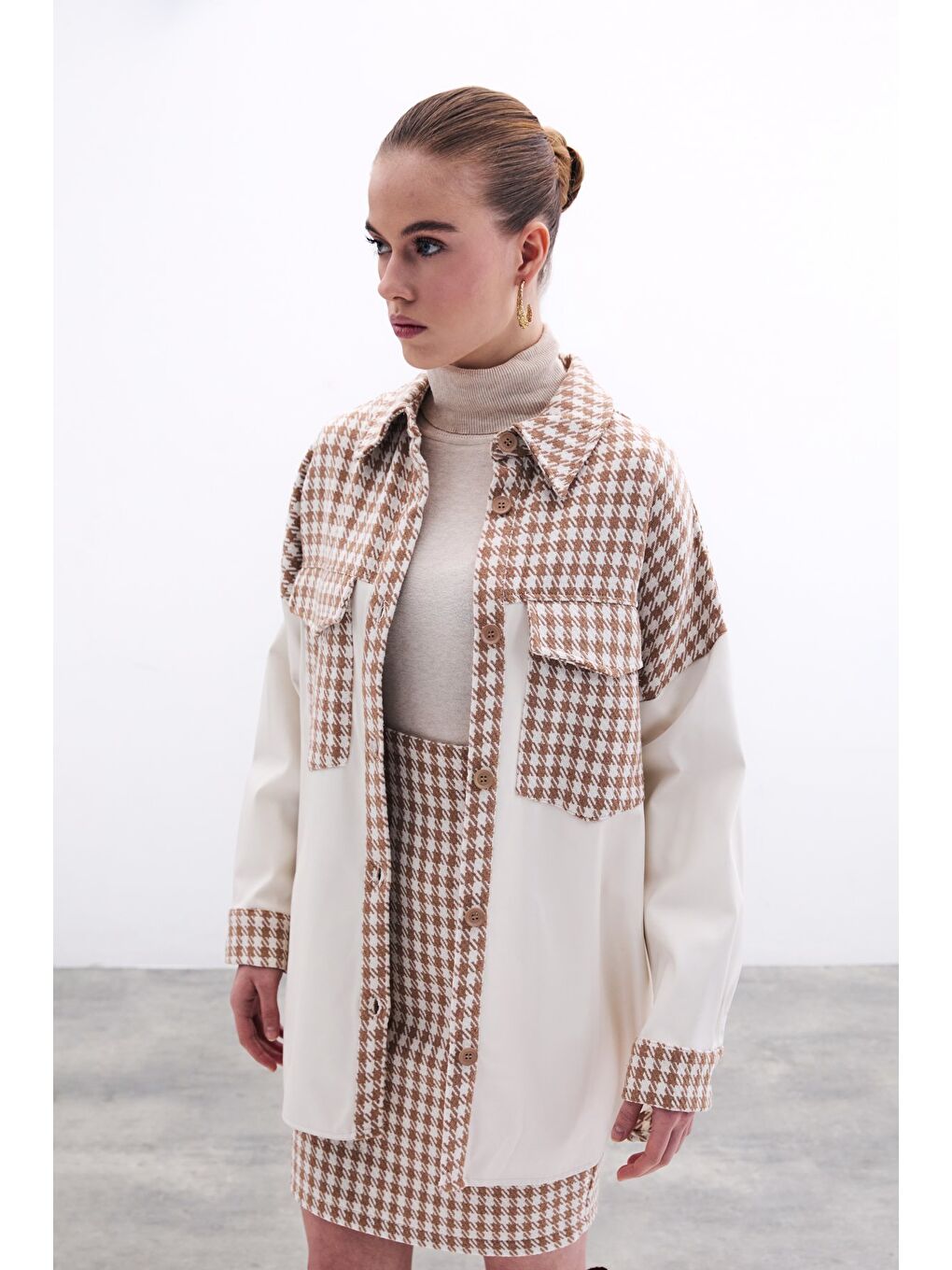 Deri Detaylı Gömlek Ceket - Ekru-Camel-2