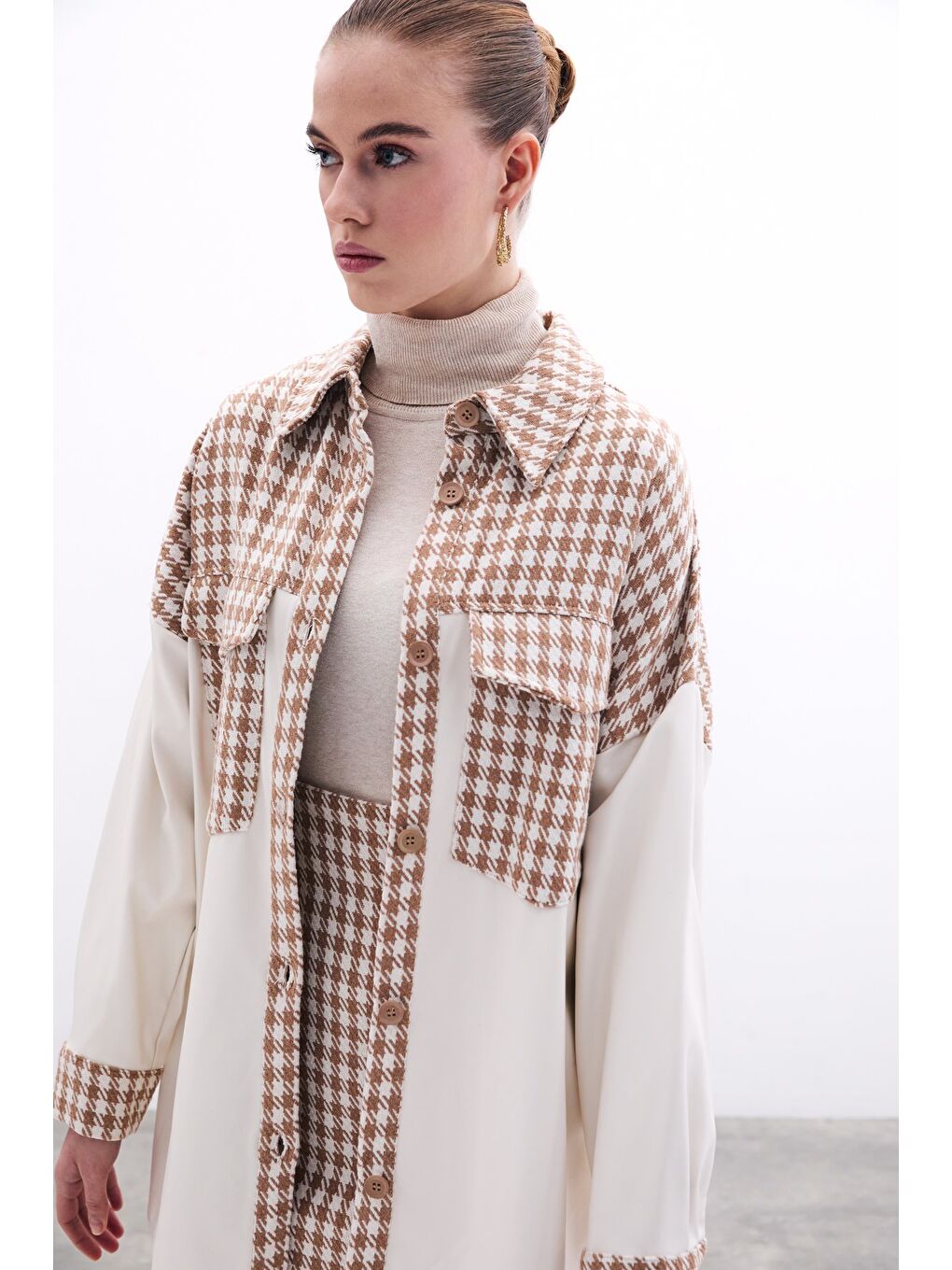 Deri Detaylı Gömlek Ceket - Ekru-Camel-3