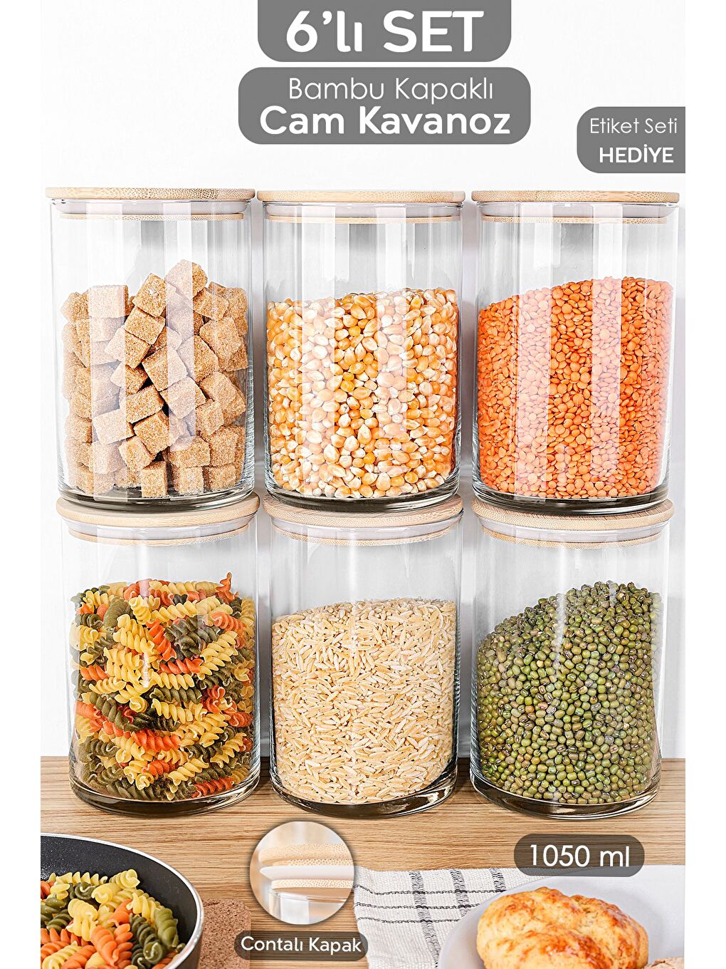 Renksiz 6'lı Bambu Kapak Cam Saklama Kabı Etiketli Vakum Kapaklı Bakliyat Erzak Cam Kavanoz Seti 1050 ml