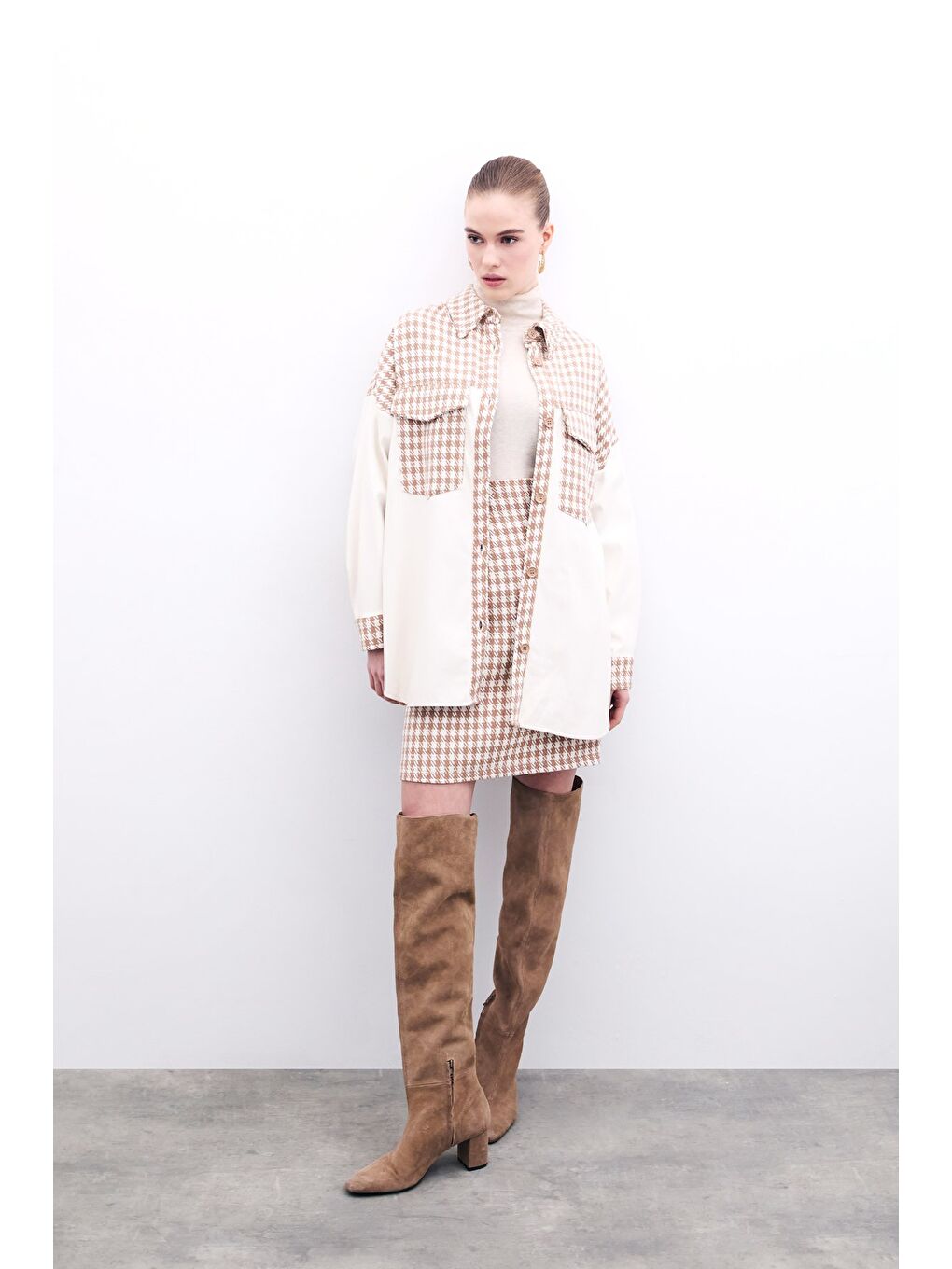 Deri Detaylı Gömlek Ceket - Ekru-Camel-4