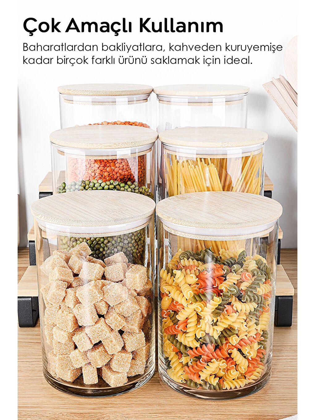 Renksiz 6'lı Bambu Kapak Cam Saklama Kabı Etiketli Vakum Kapaklı Bakliyat Erzak Cam Kavanoz Seti 1050 ml-2