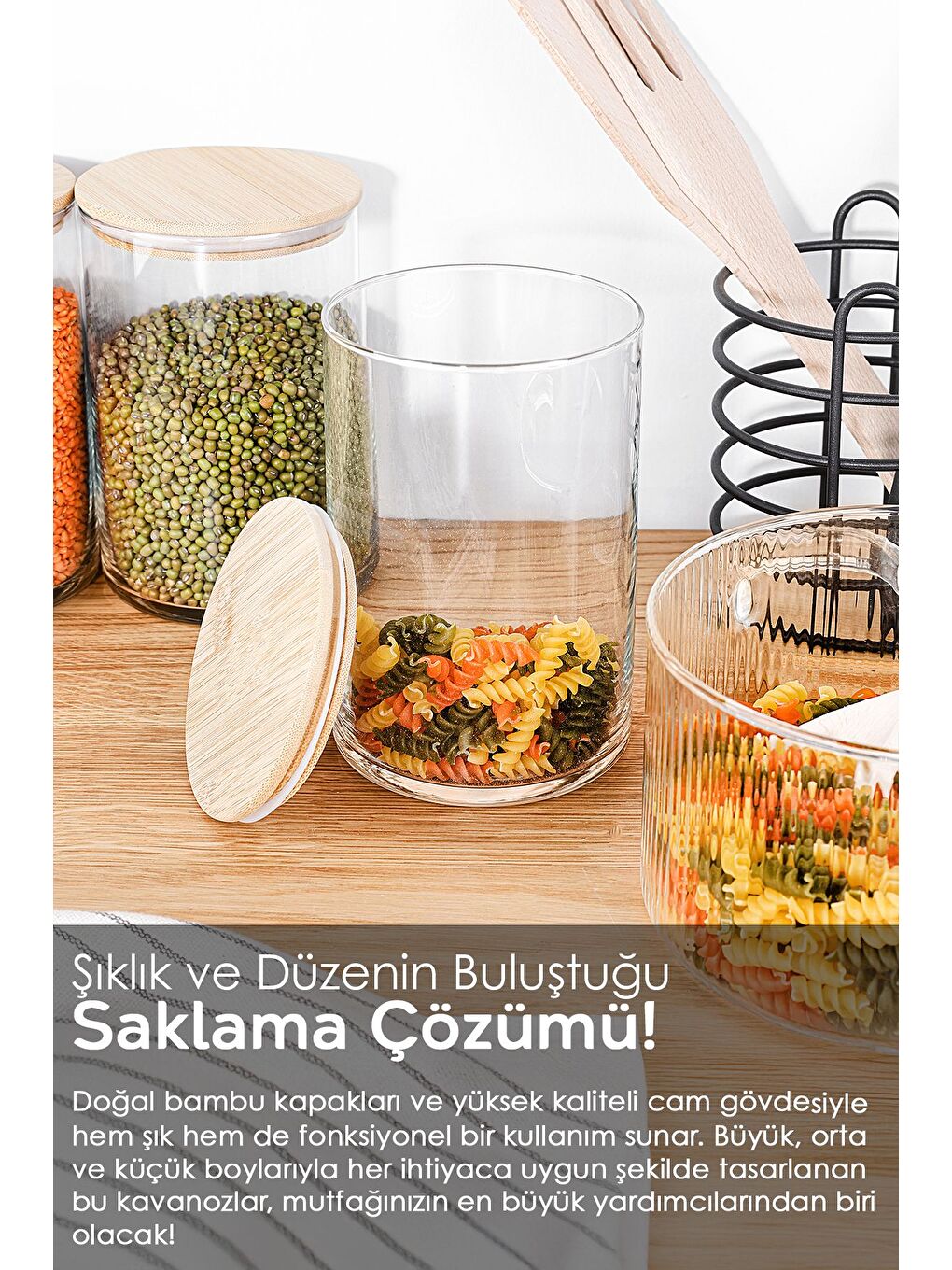 Renksiz 6'lı Bambu Kapak Cam Saklama Kabı Etiketli Vakum Kapaklı Bakliyat Erzak Cam Kavanoz Seti 1050 ml-3