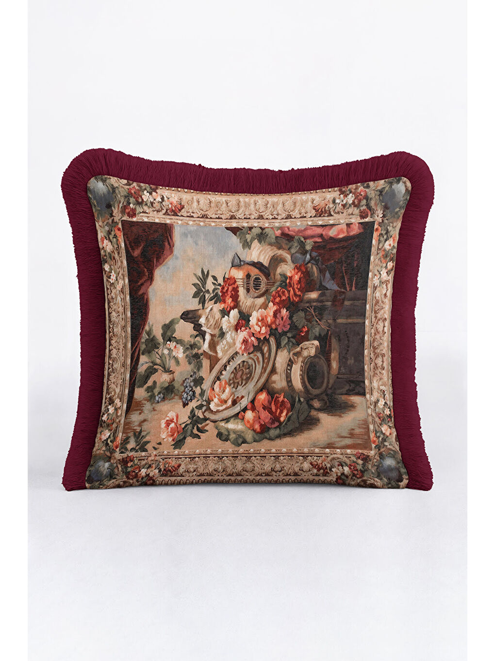 Karışık Barok Şıklık Saçaklı Yastık Kılıfı - Antik Vazo Klasik Bordo Püsküllü Kırlent Kılıfı-4