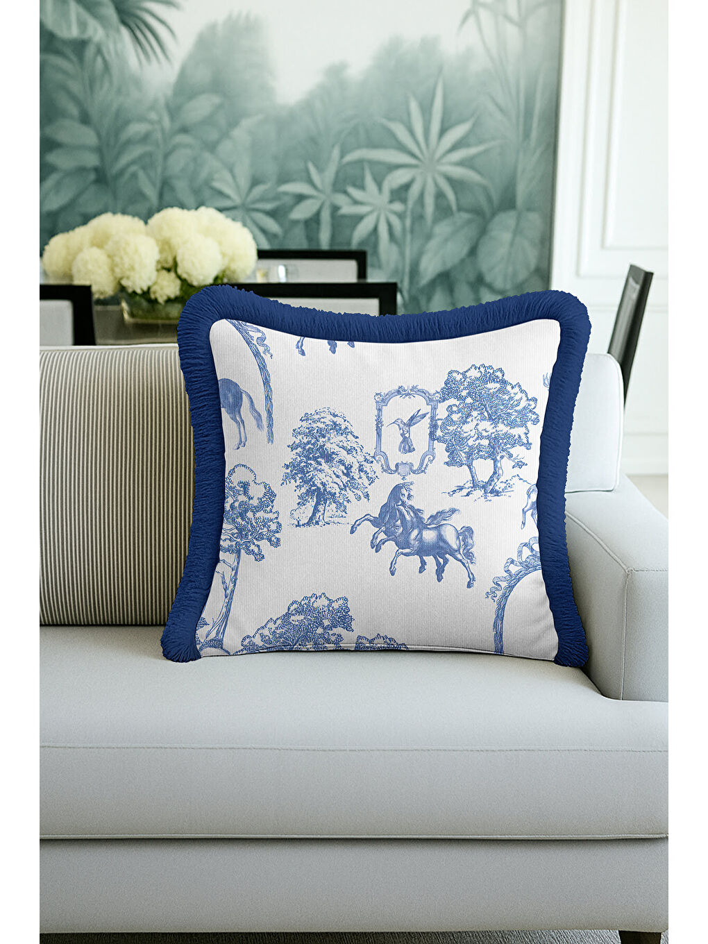 Karışık Klasik Fransız Stil Saçaklı Yastık Kılıfı - Vintage Country Mavi Naturel Püsküllü Kırlent Kılıfı-3