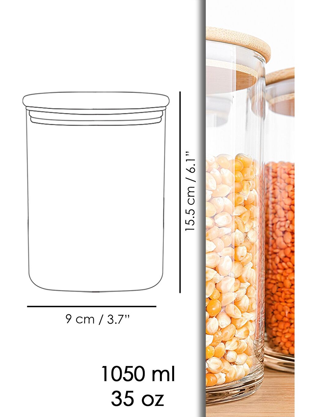Renksiz 6'lı Bambu Kapak Cam Saklama Kabı Etiketli Vakum Kapaklı Bakliyat Erzak Cam Kavanoz Seti 1050 ml-6