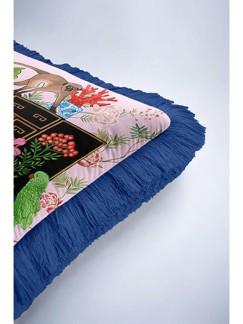 Karışık Lüks Egzotik Hayvanlar Saçaklı Yastık Kılıfı - Renkli Bahçesi Pembe Mavi Püsküllü Kırlent Kılıfı-6