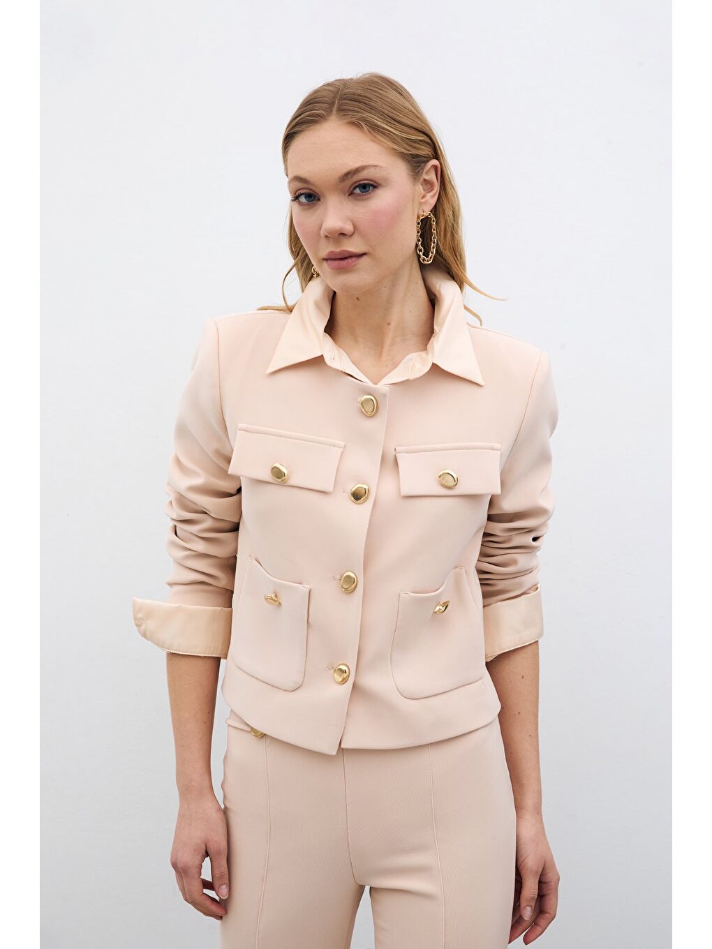 Düğmeli Kısa Ceket - Bej-2