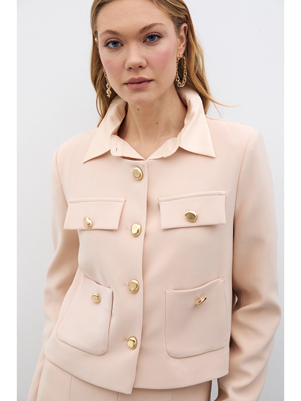 Düğmeli Kısa Ceket - Bej-4