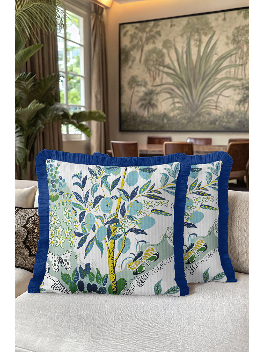 Karışık Botanik Orman Saçaklı Yastık Kılıfı - Doğal Bahçe Tropikal Bohem Mavi Sarı Püsküllü Kırlent Kılıfı-5