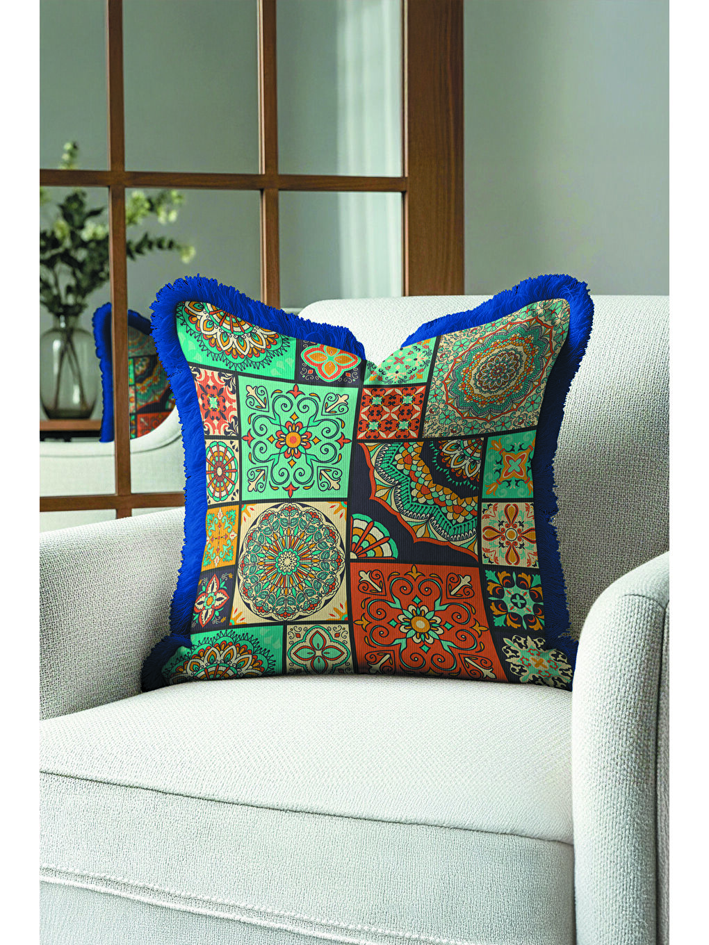 Karışık Ornamental Patchwork Saçaklı Yastık Kılıfı - Mandala Bohem Turkuaz Lacivert Püsküllü Kırlent Kılıfı-3