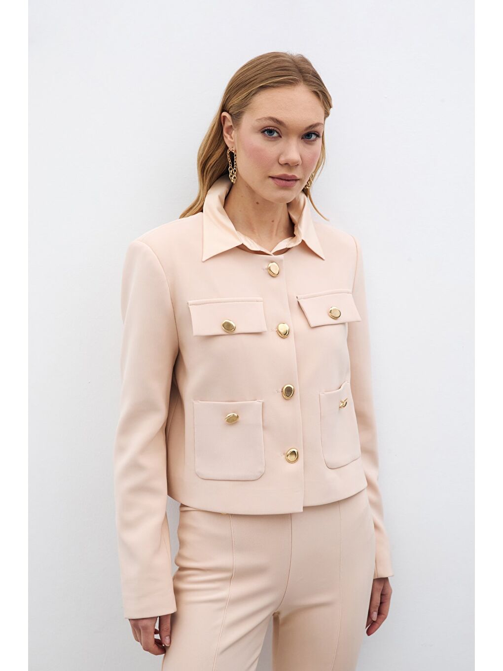 Düğmeli Kısa Ceket - Bej-6