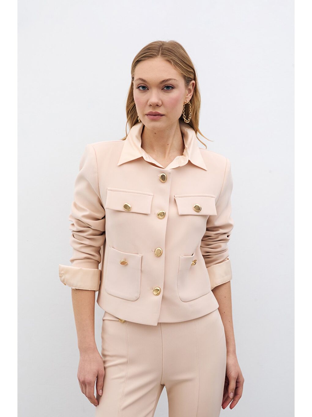 Düğmeli Kısa Ceket - Bej-7