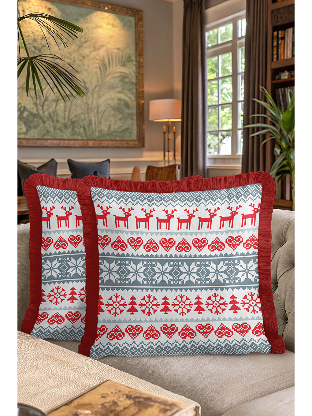 Karışık Nordik Geyik Figürlü Saçaklı Yastık Kılıfı - İsveç Kış Temalı Gri Kırmızı Püsküllü Kırlent Kılıfı-7