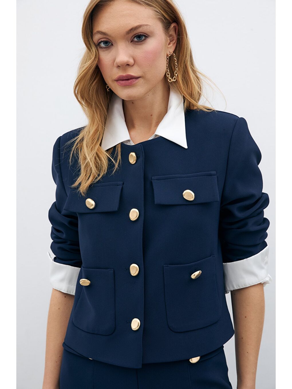 Düğmeli Kısa Ceket - Lacivert