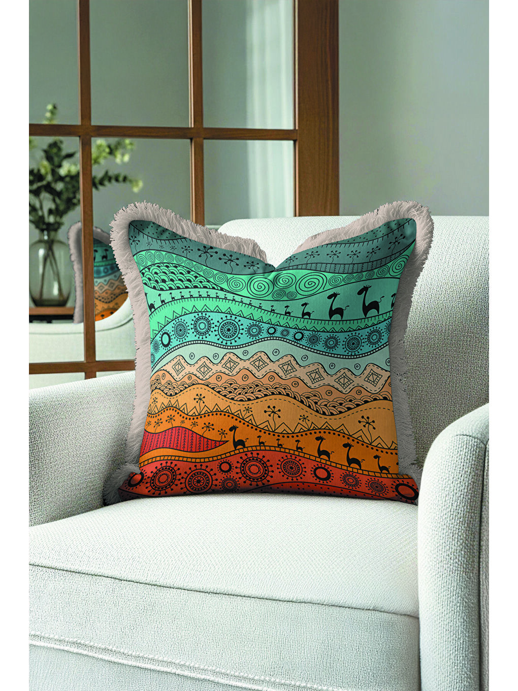 Karışık Etnik Afrika Motifli Saçaklı Yastık Kılıfı - Tribal Bohem Turuncu Yeşil Gri Püsküllü Kırlent Kılıfı