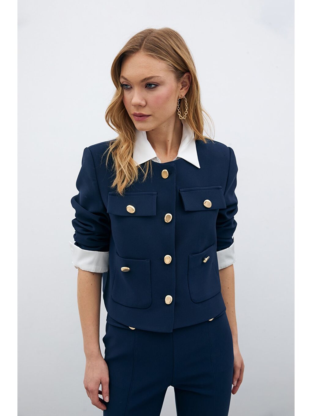 Düğmeli Kısa Ceket - Lacivert-1