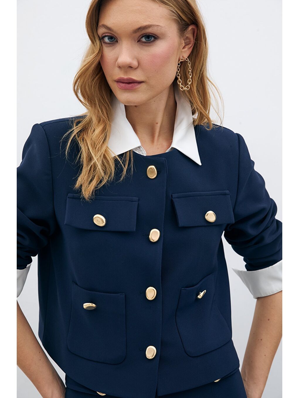 Düğmeli Kısa Ceket - Lacivert-2