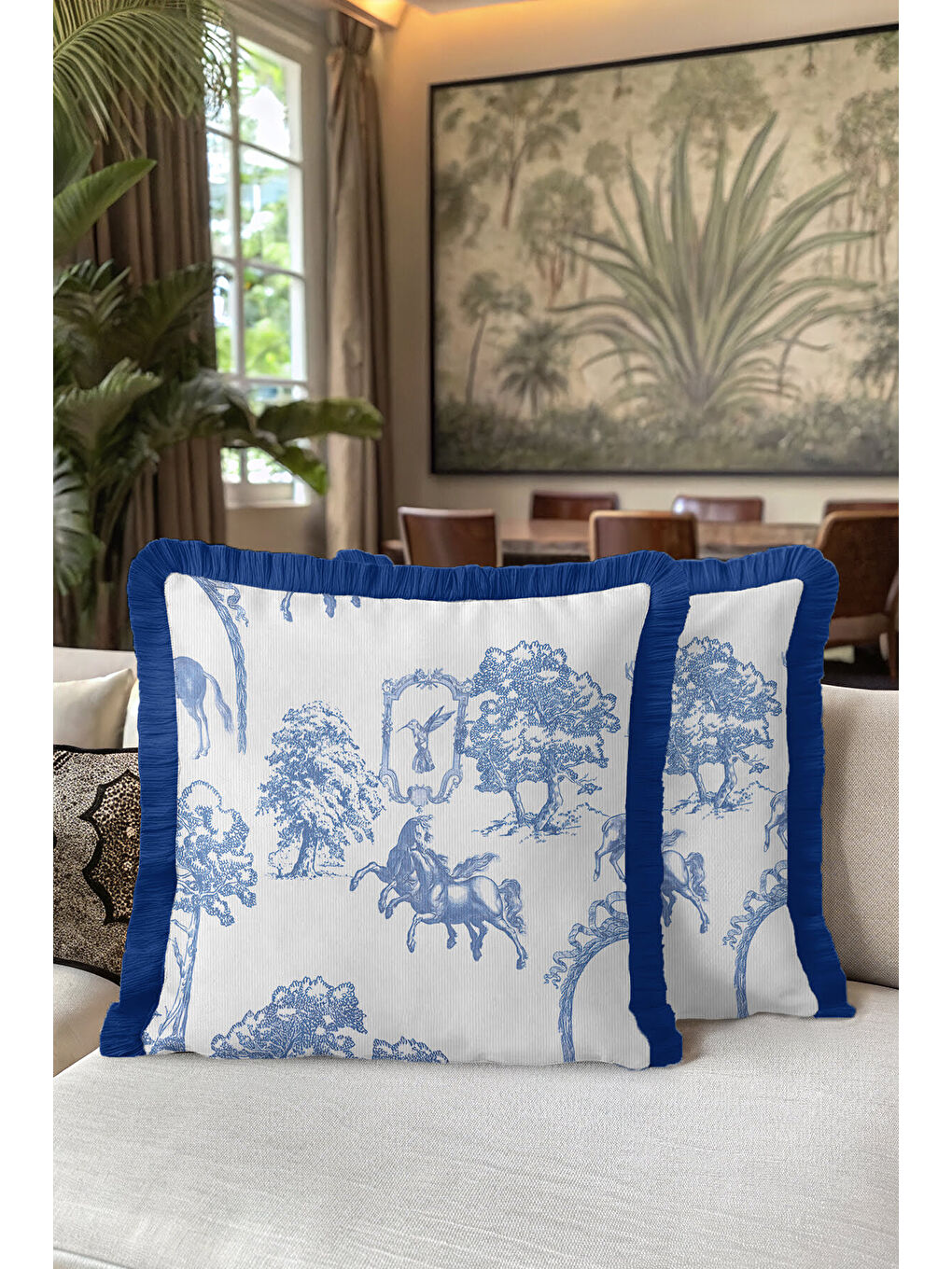 Karışık Klasik Fransız Stil Saçaklı Yastık Kılıfı - Vintage Country Mavi Naturel Püsküllü Kırlent Kılıfı-5