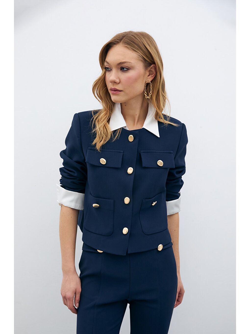 Düğmeli Kısa Ceket - Lacivert-3