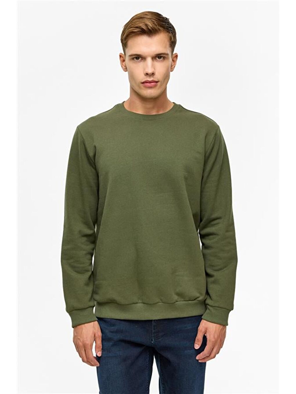 Haki Regular Düz Bisiklet Yaka Sweatshirt