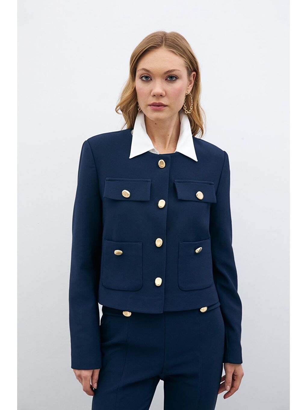 Düğmeli Kısa Ceket - Lacivert-4