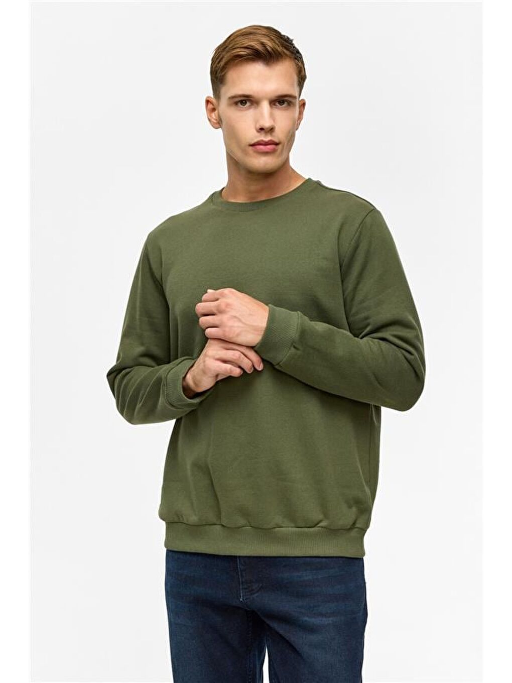 Haki Regular Düz Bisiklet Yaka Sweatshirt-1