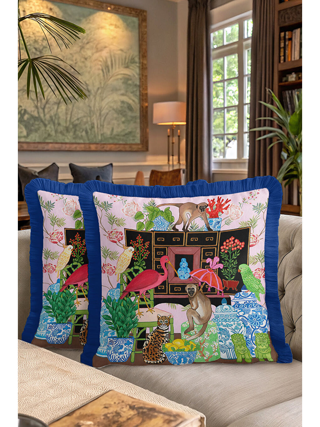 Karışık Lüks Egzotik Hayvanlar Saçaklı Yastık Kılıfı - Renkli Bahçesi Pembe Mavi Püsküllü Kırlent Kılıfı-7