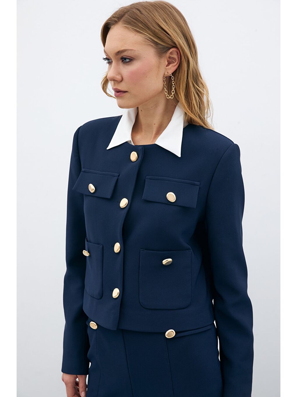 Düğmeli Kısa Ceket - Lacivert-5