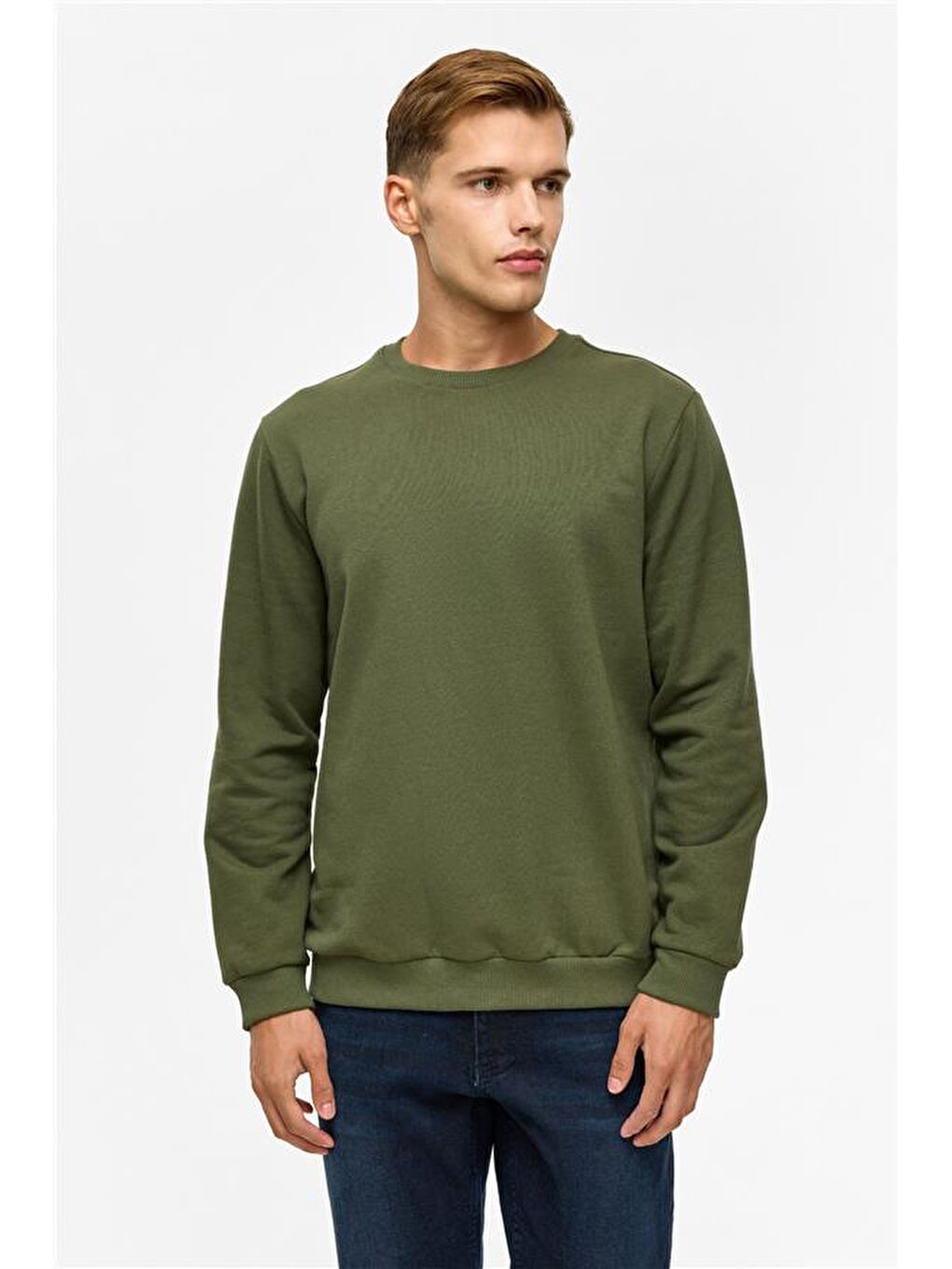 Haki Regular Düz Bisiklet Yaka Sweatshirt-2
