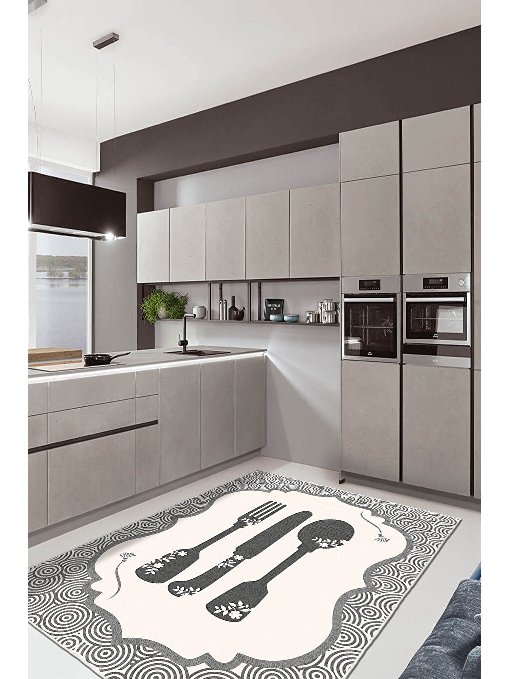 Gri Dekoratif Özel Tasarım Yıkanabilir İnce Kaymaz Tabanlı Modern Halı KECE FR42-3