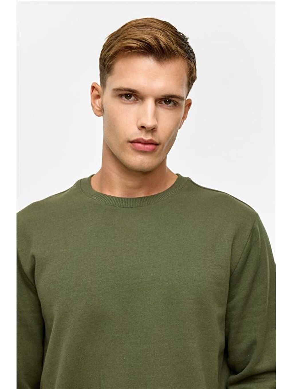 Haki Regular Düz Bisiklet Yaka Sweatshirt-3