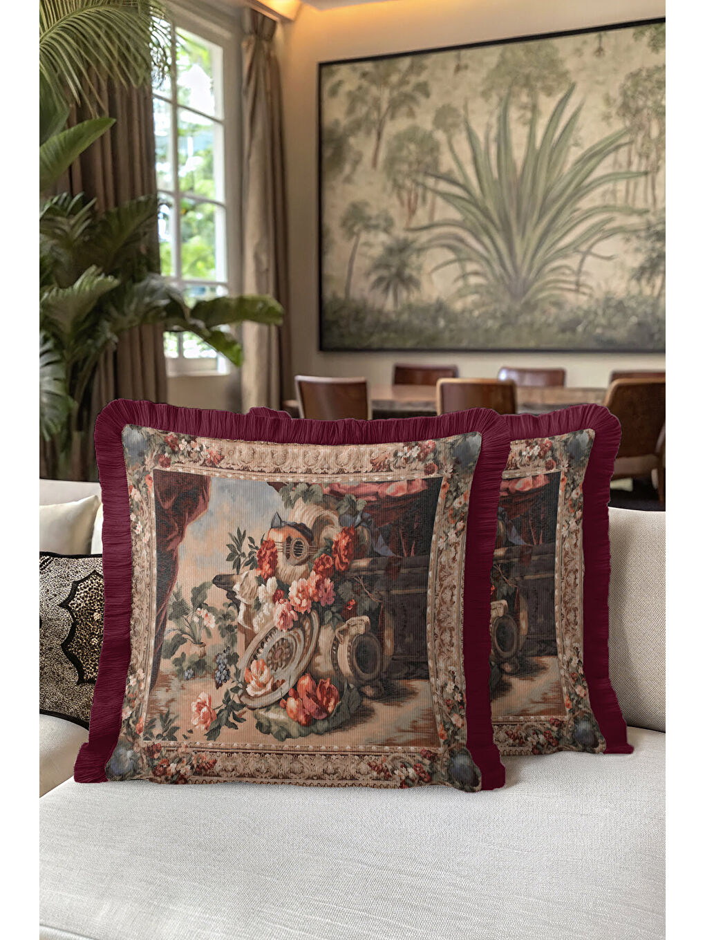 Karışık Barok Şıklık Saçaklı Yastık Kılıfı - Antik Vazo Klasik Bordo Püsküllü Kırlent Kılıfı-5