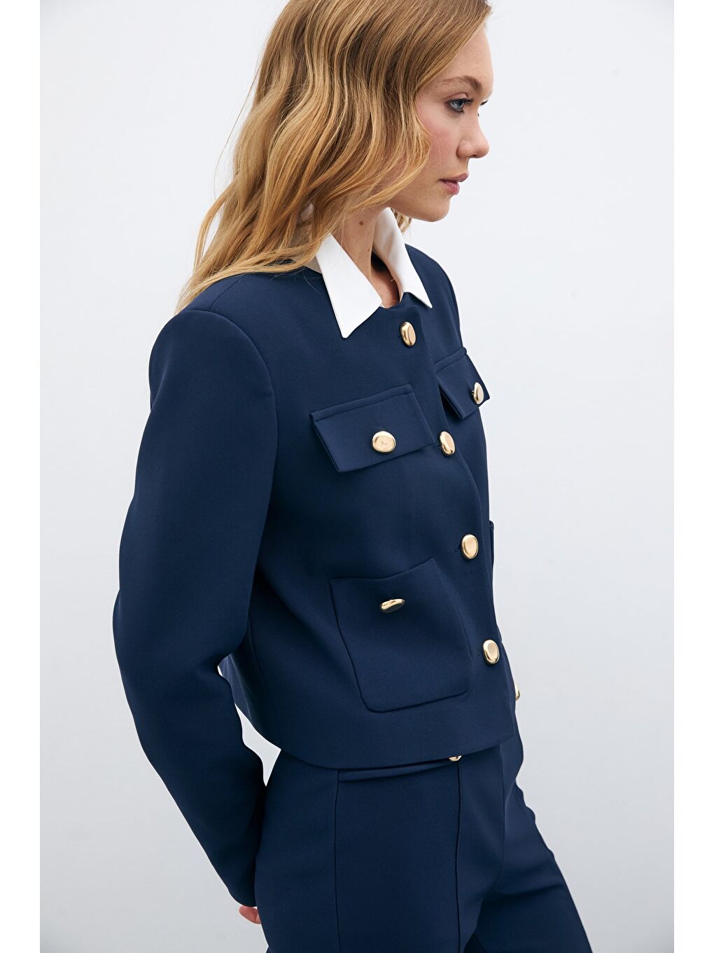 Düğmeli Kısa Ceket - Lacivert-6