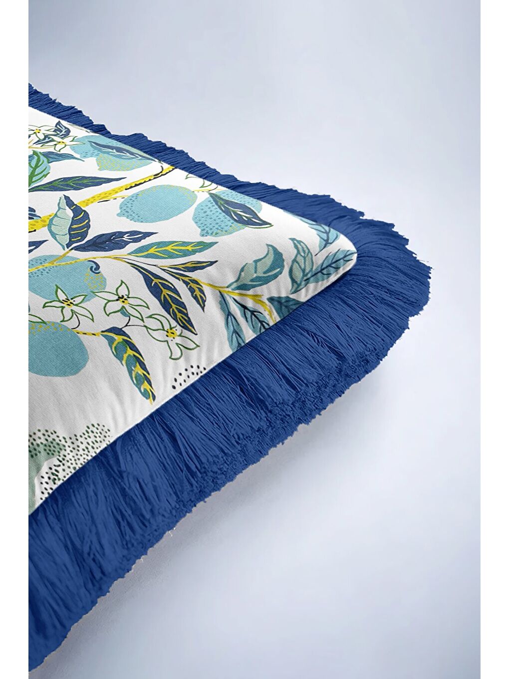 Karışık Botanik Orman Saçaklı Yastık Kılıfı - Doğal Bahçe Tropikal Bohem Mavi Sarı Püsküllü Kırlent Kılıfı-6