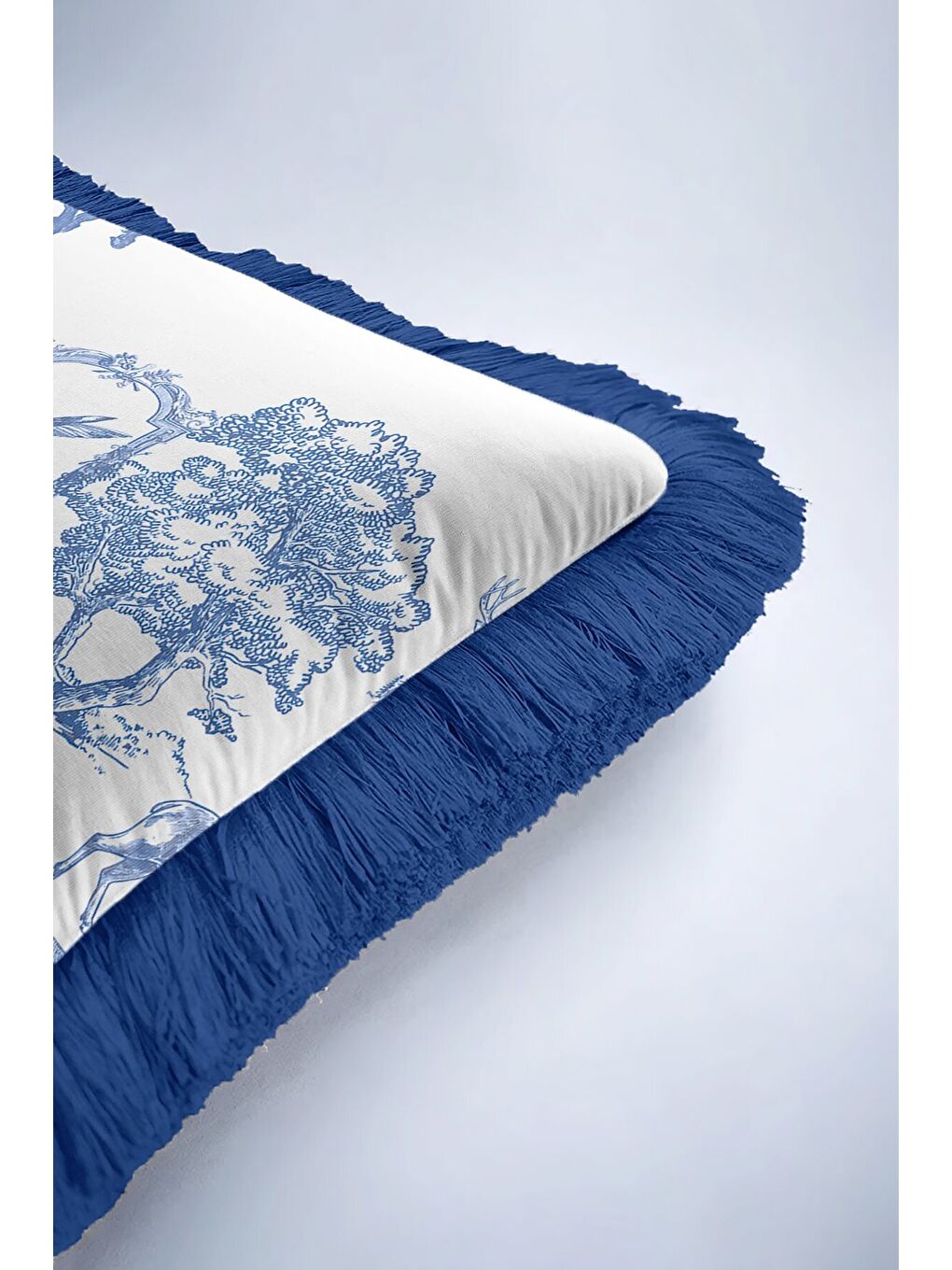 Karışık Klasik Fransız Stil Saçaklı Yastık Kılıfı - Vintage Country Mavi Naturel Püsküllü Kırlent Kılıfı-6