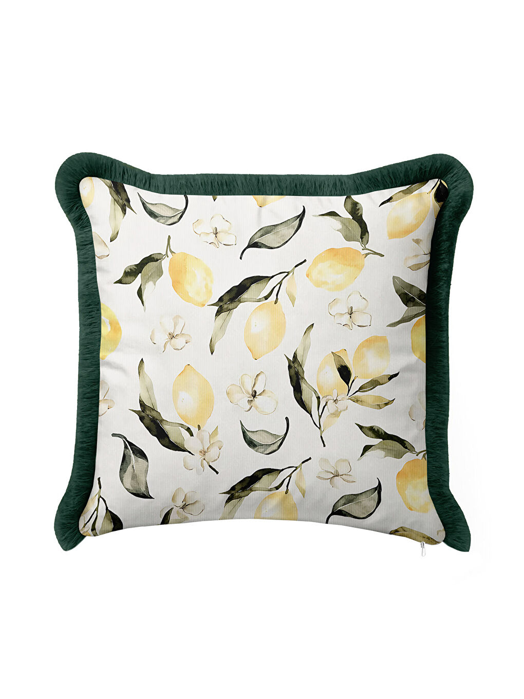 Karışık Limon Çiçek Bahar Saçaklı Yastık Kılıfı - Botanik Ferah Akdeniz Temalı Yeşil Püsküllü Kırlent Kılıfı