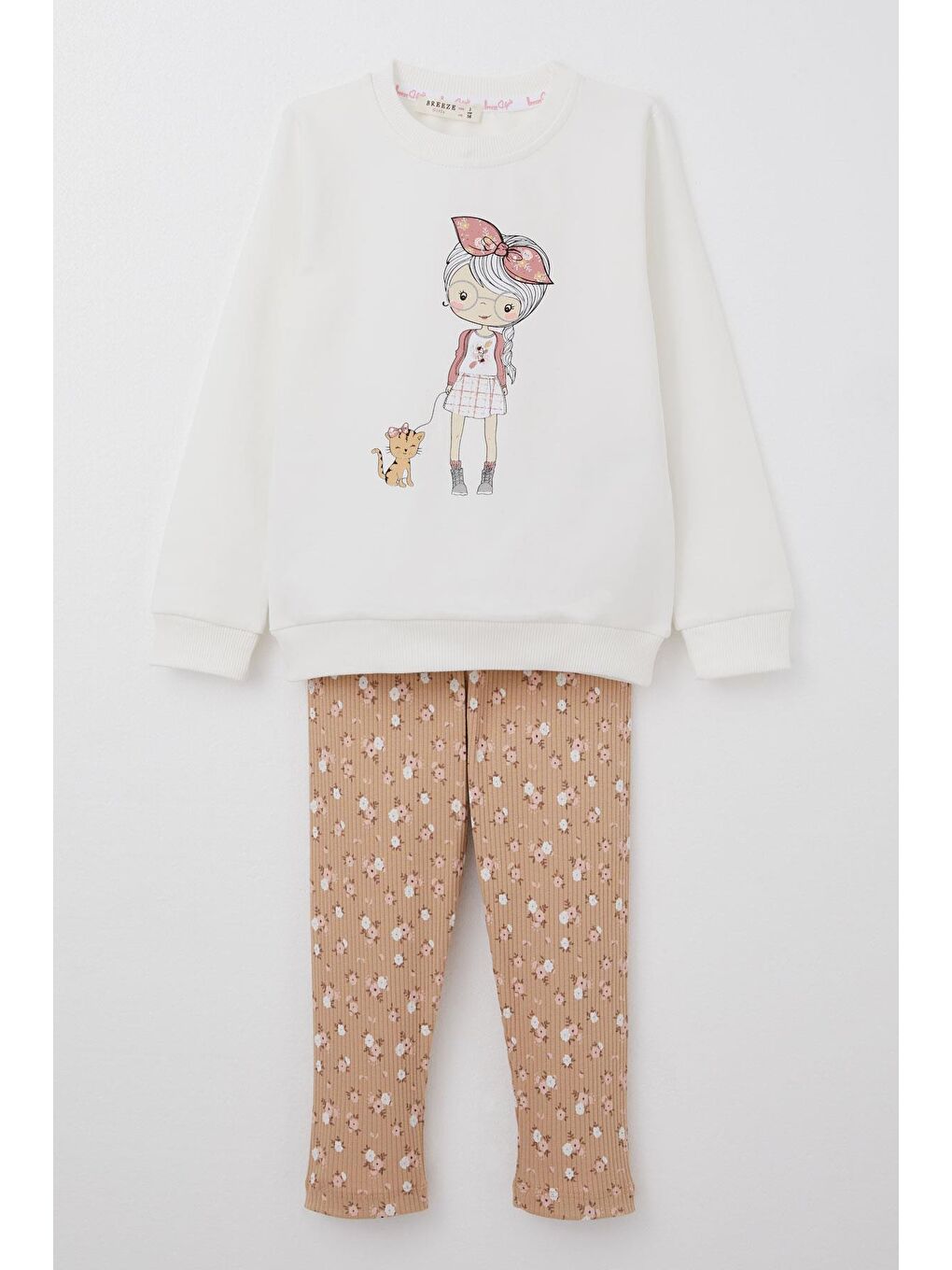 Kız Çocuk Taytlı Takım Sevimli Kız Baskılı Çiçekli Ekru (2-3 Yaş)
