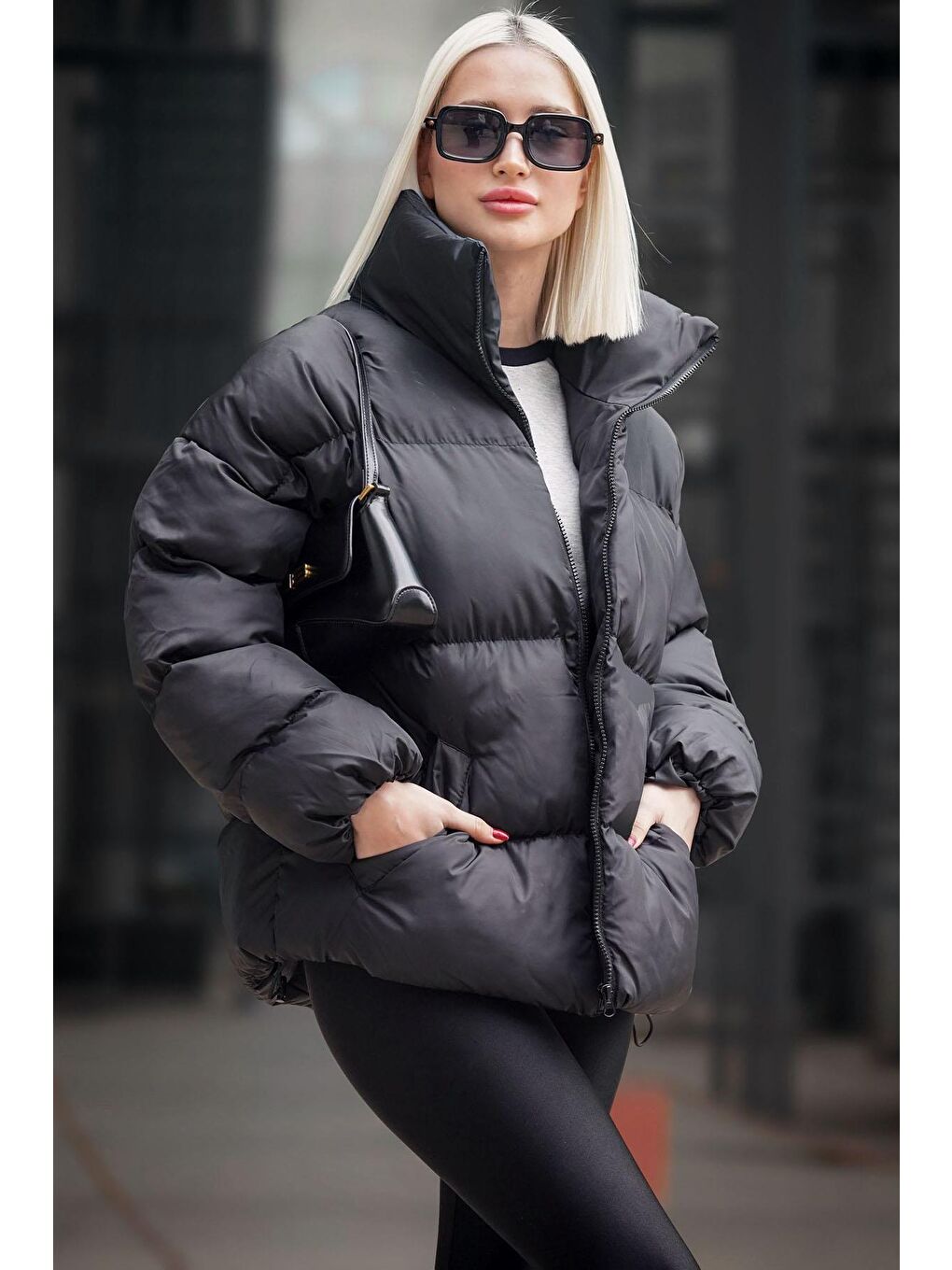 Siyah Basic Oversize Kadın Şişme Mont Mg1550