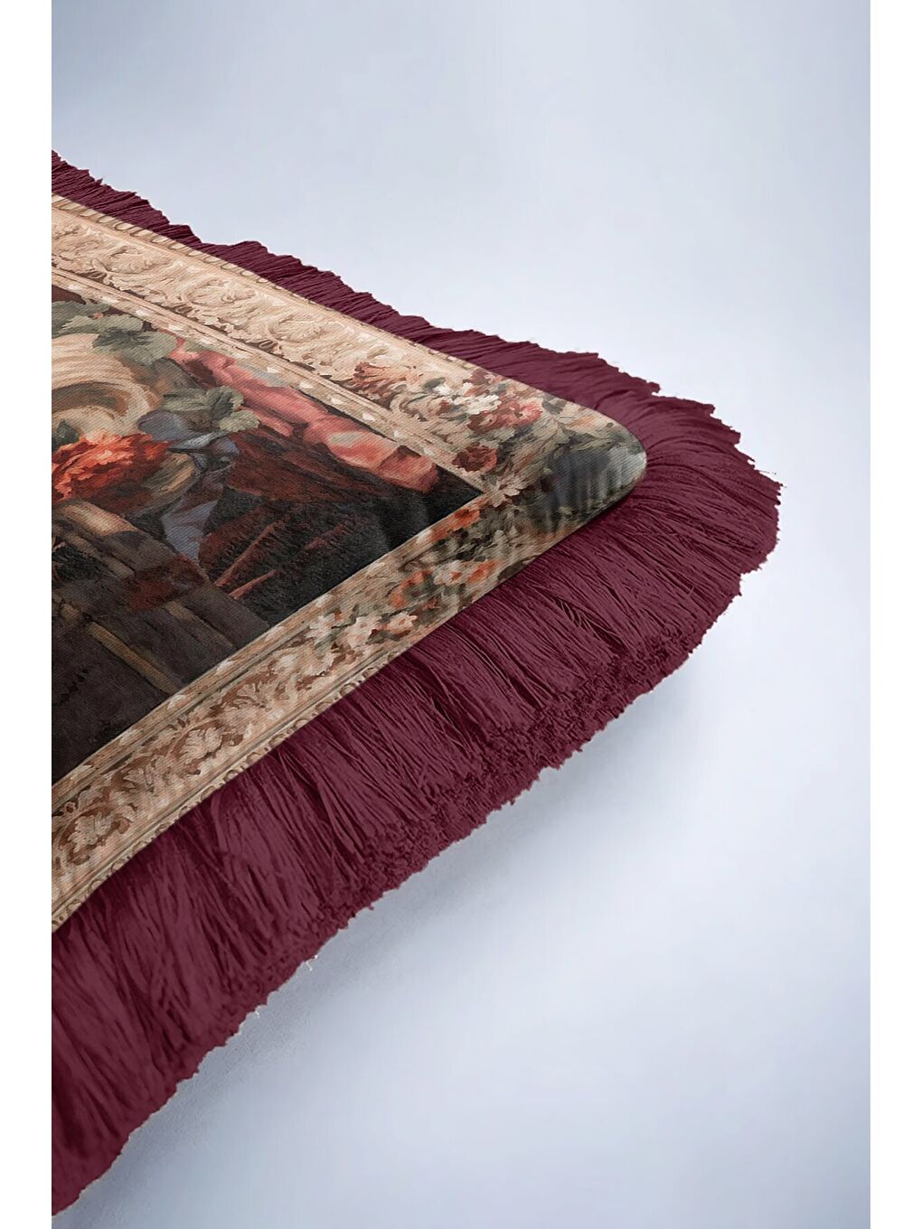 Karışık Barok Şıklık Saçaklı Yastık Kılıfı - Antik Vazo Klasik Bordo Püsküllü Kırlent Kılıfı-6