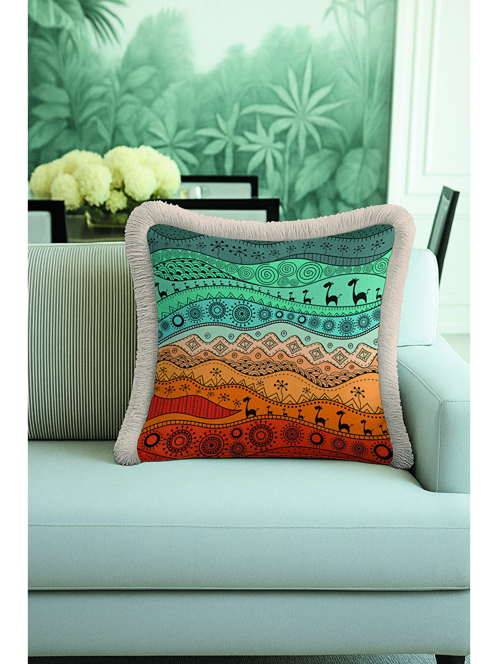 Karışık Etnik Afrika Motifli Saçaklı Yastık Kılıfı - Tribal Bohem Turuncu Yeşil Gri Püsküllü Kırlent Kılıfı-1