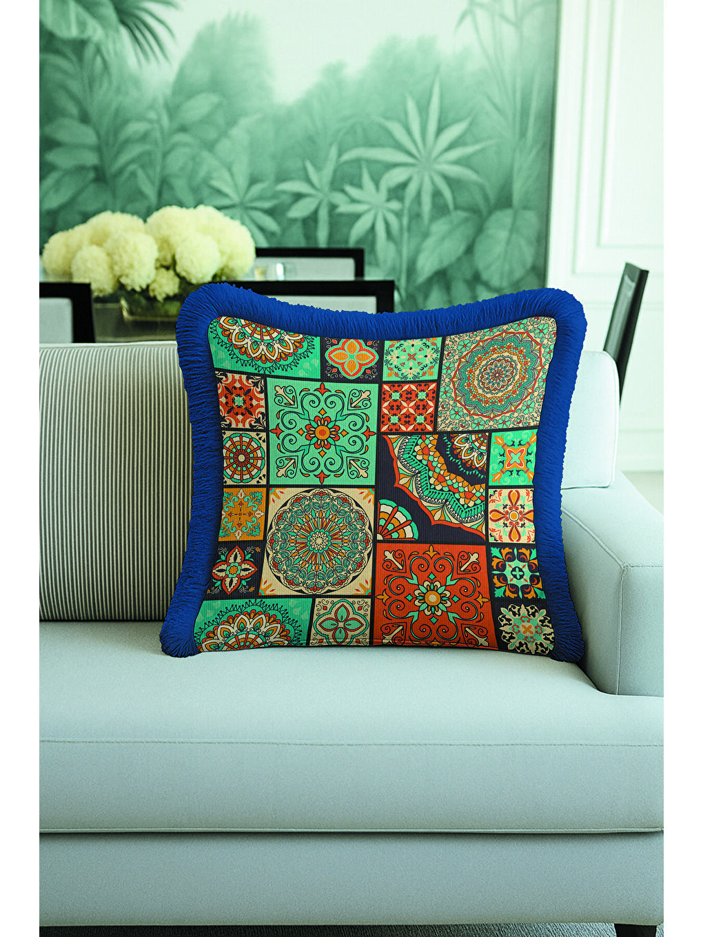 Karışık Ornamental Patchwork Saçaklı Yastık Kılıfı - Mandala Bohem Turkuaz Lacivert Püsküllü Kırlent Kılıfı-4
