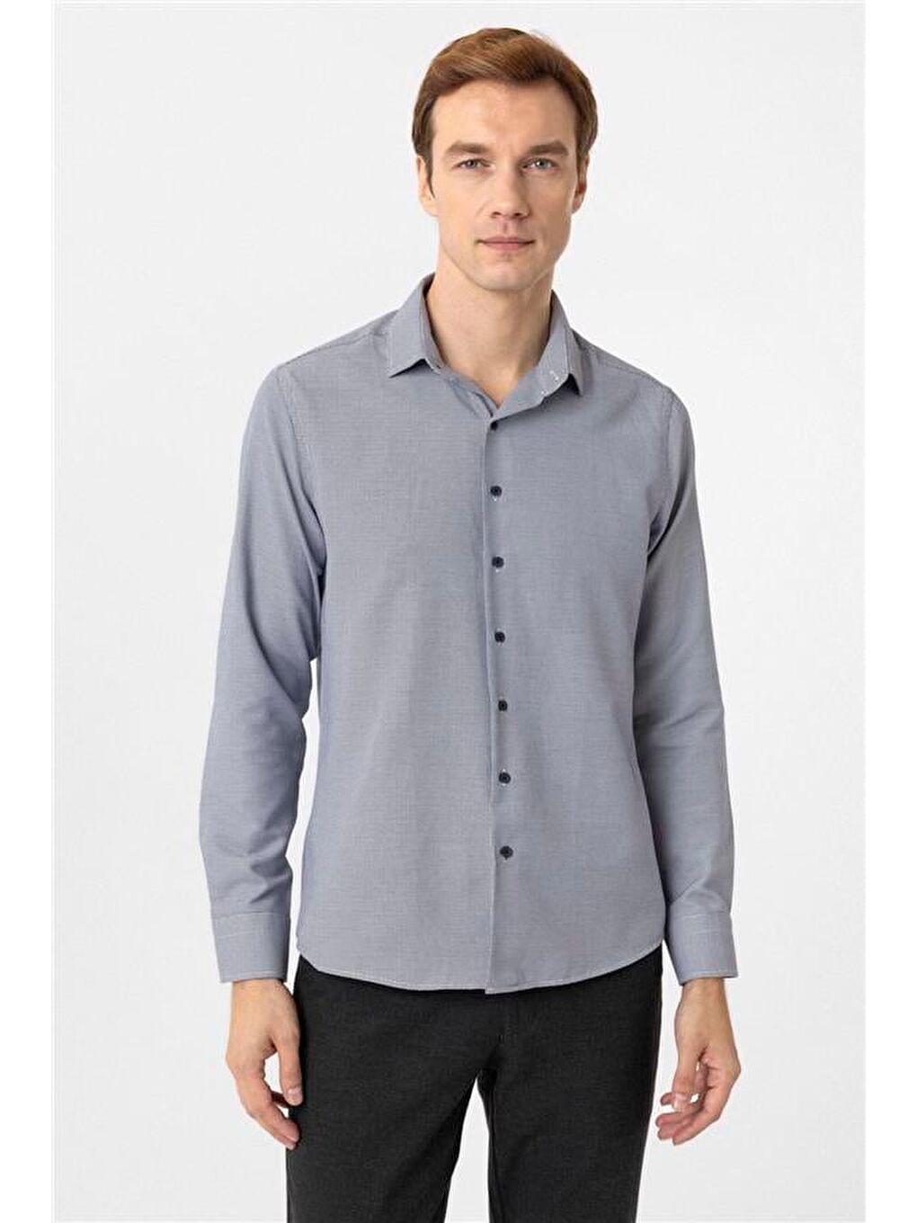 Lacivert Slim Armürlü Klasik Yaka Gömlek-1