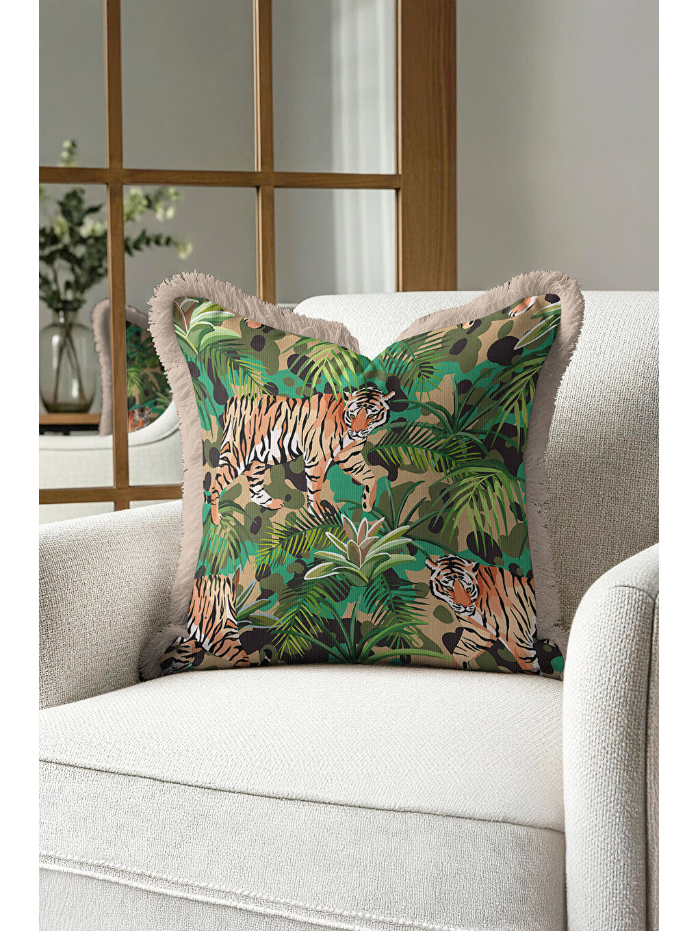 Karışık Egzotik Kaplan Motifli Saçaklı Yastık Kılıfı - Tropikal Boho Yeşil Bej Püsküllü Kırlent Kılıfı-1