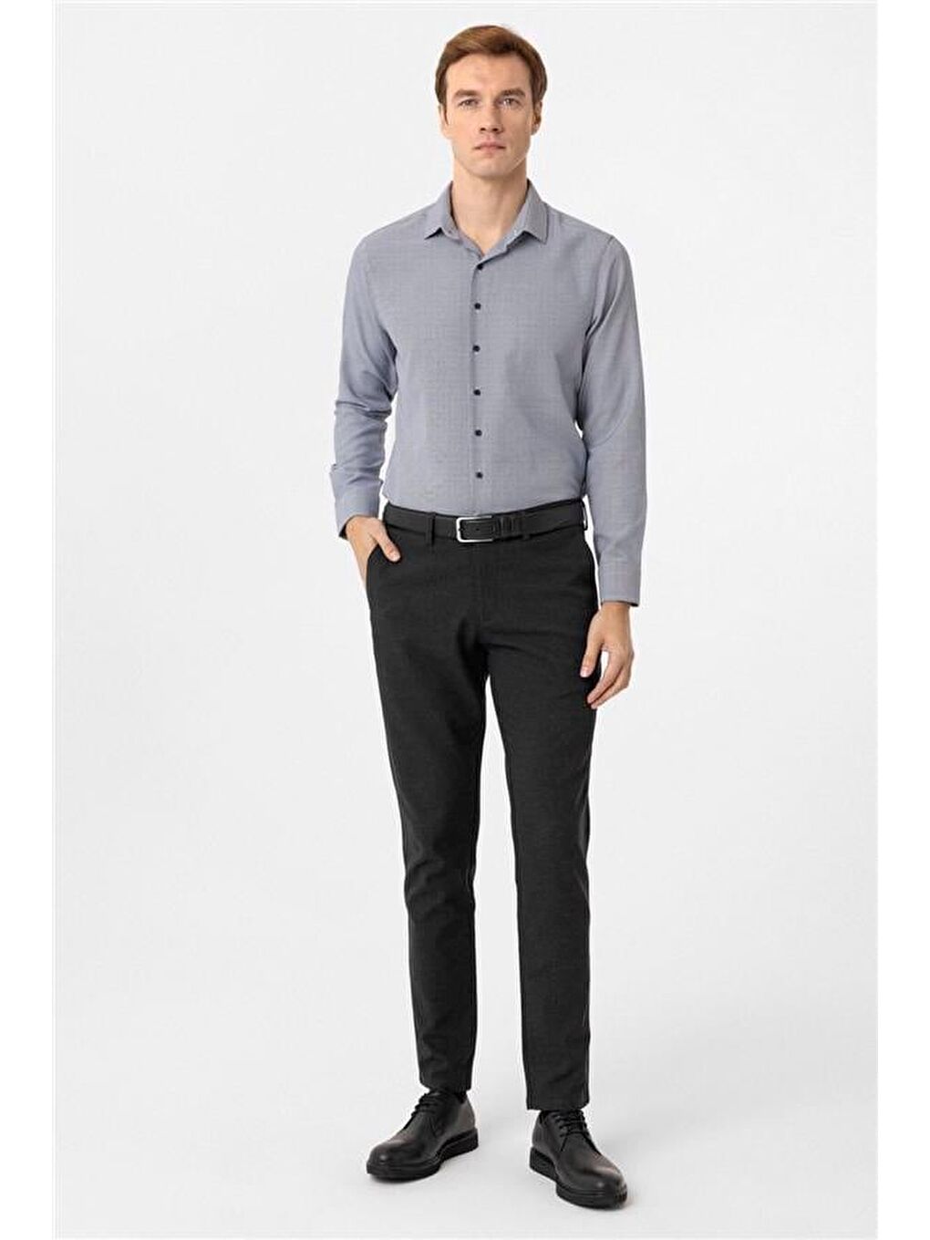 Lacivert Slim Armürlü Klasik Yaka Gömlek-2