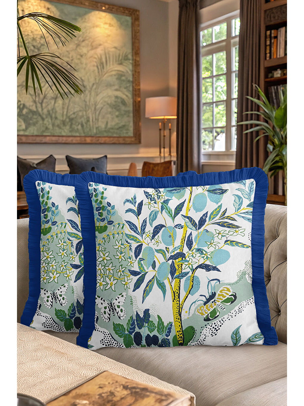 Karışık Botanik Orman Saçaklı Yastık Kılıfı - Doğal Bahçe Tropikal Bohem Mavi Sarı Püsküllü Kırlent Kılıfı-7
