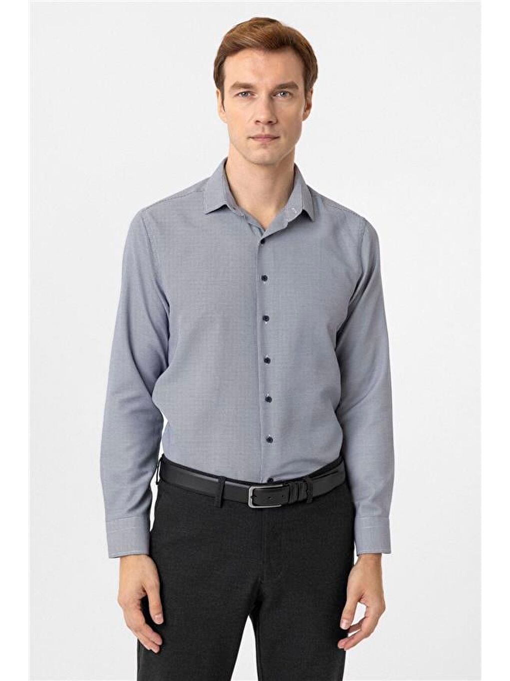 Lacivert Slim Armürlü Klasik Yaka Gömlek-3