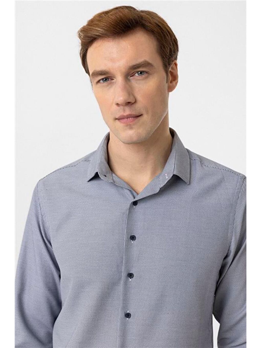 Lacivert Slim Armürlü Klasik Yaka Gömlek-4