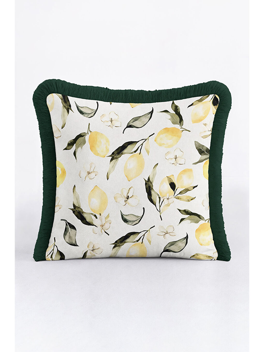 Karışık Limon Çiçek Bahar Saçaklı Yastık Kılıfı - Botanik Ferah Akdeniz Temalı Yeşil Püsküllü Kırlent Kılıfı-1