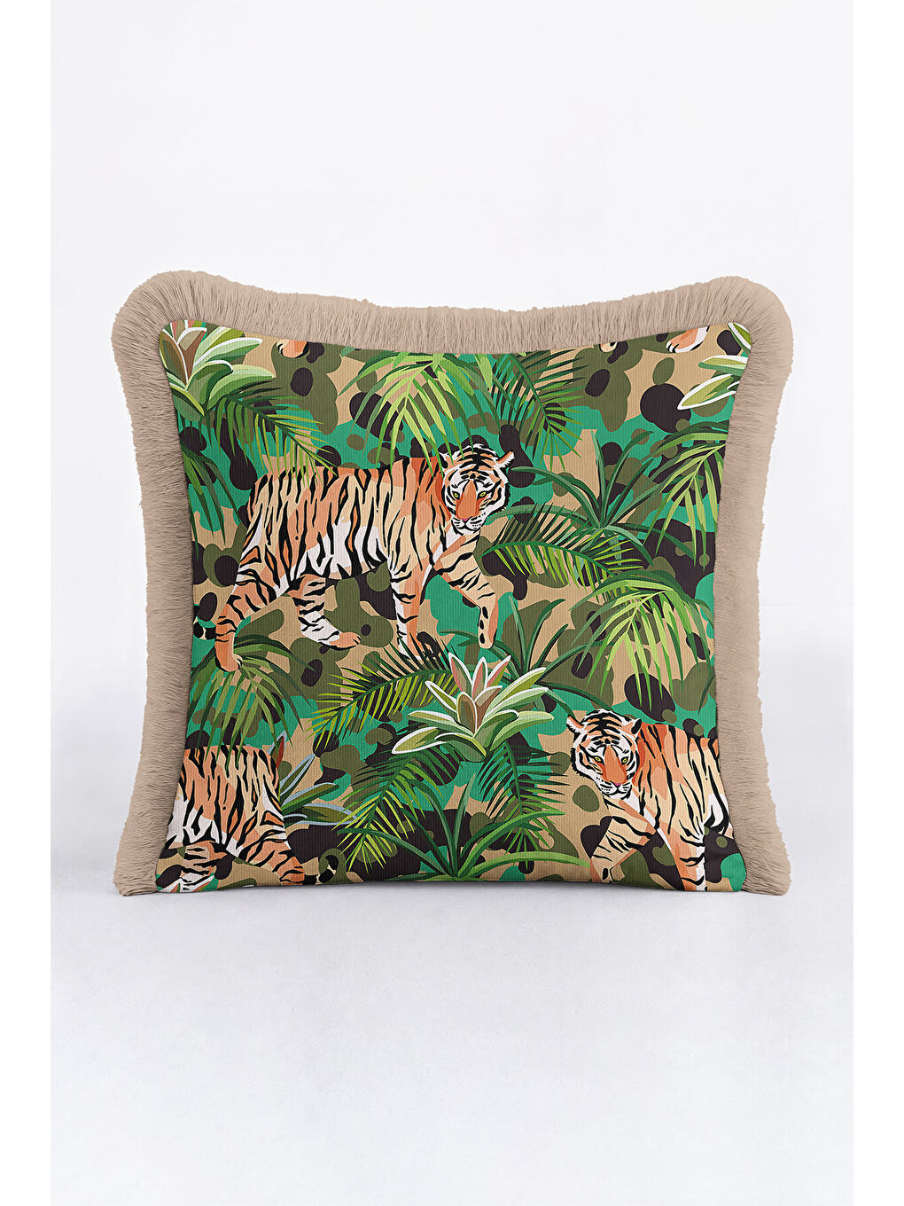 Karışık Egzotik Kaplan Motifli Saçaklı Yastık Kılıfı - Tropikal Boho Yeşil Bej Püsküllü Kırlent Kılıfı-2
