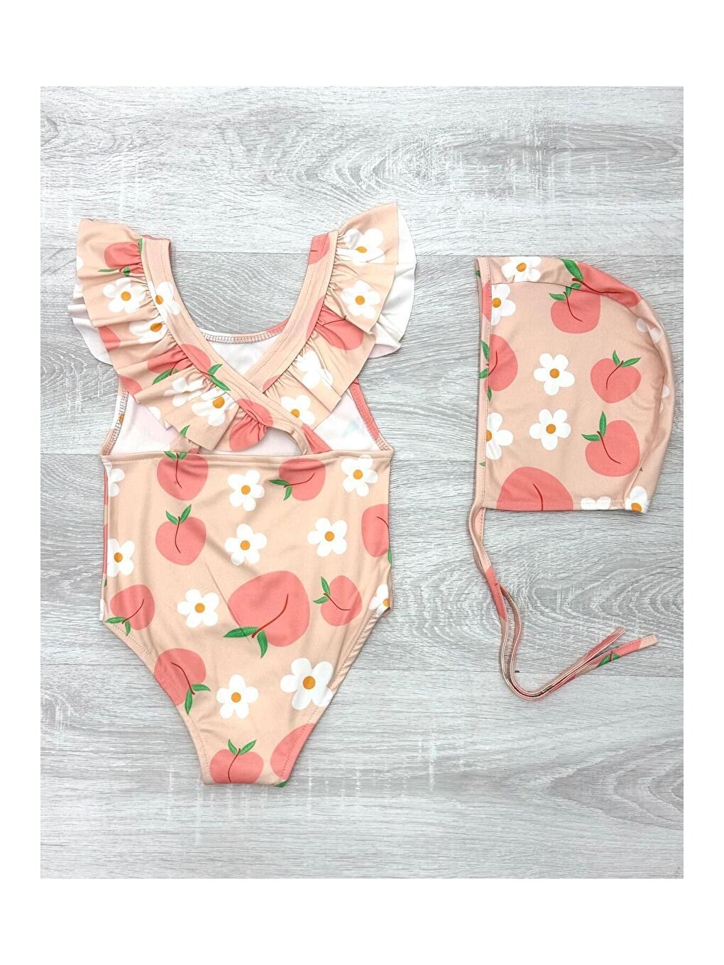 Turuncu Sırttan Çapraz Fırfır Detaylı Boneli Kız Çocuk Mayo-1